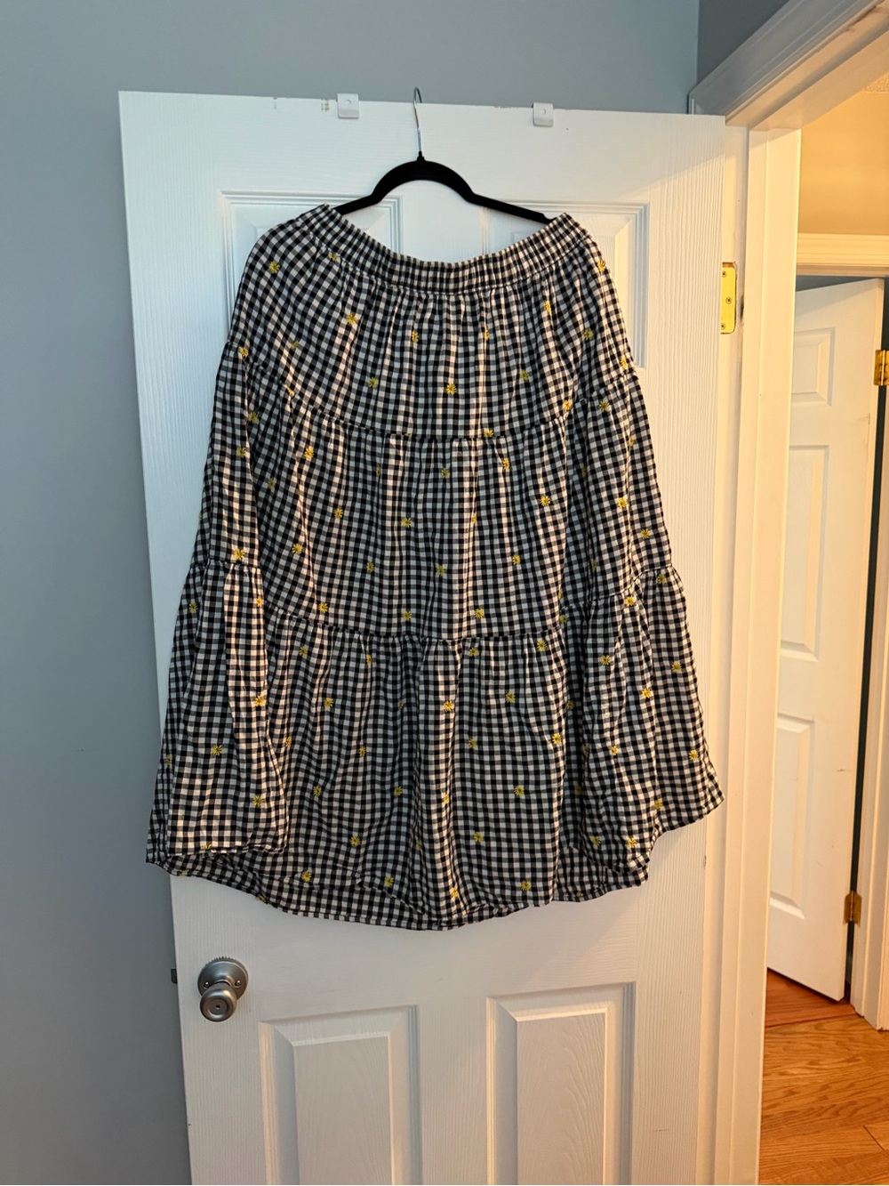 Old Navy Black-and-White Gingham Tiered Skirt with Yellow Embroidery